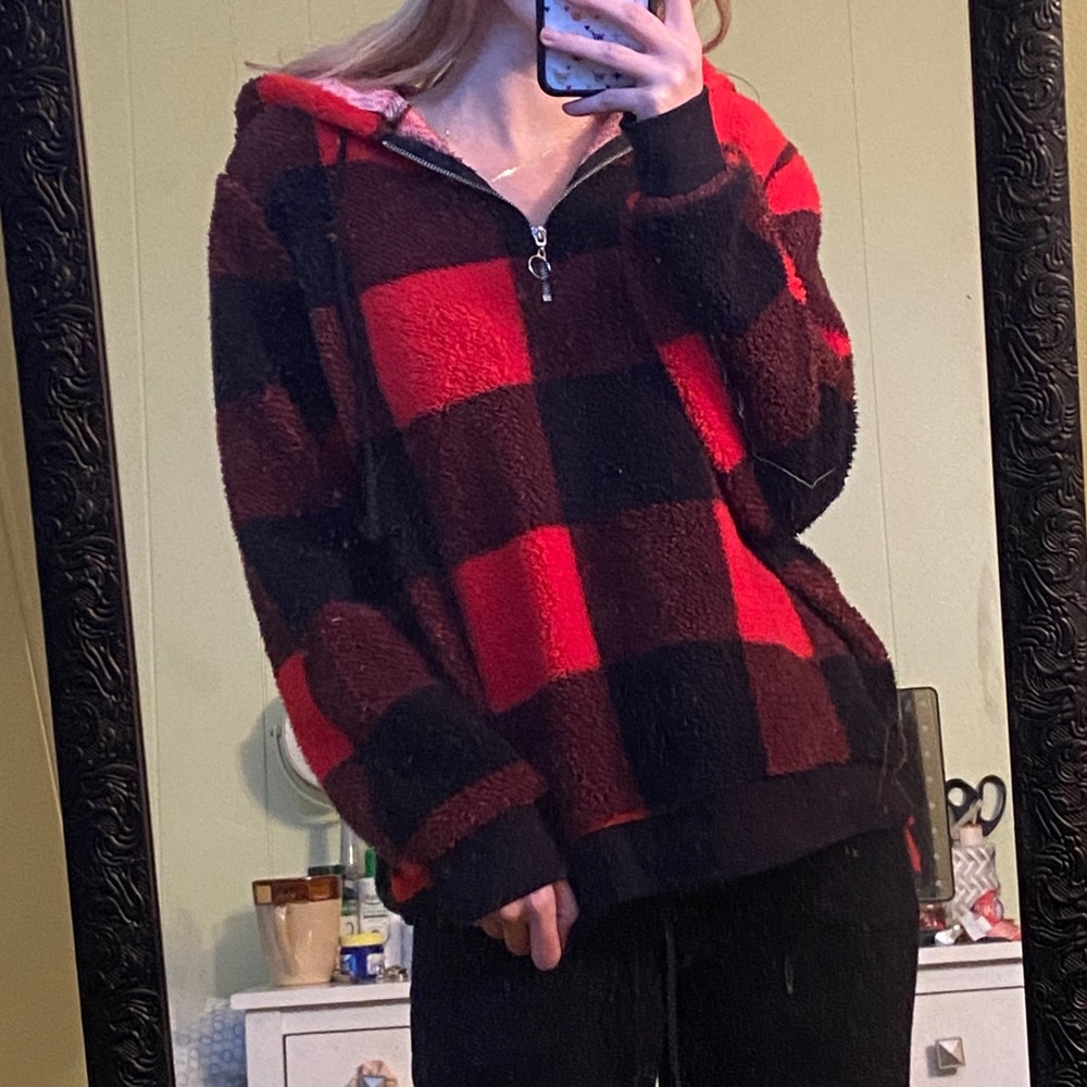 Plaid hooded fuzzy sweatshirt